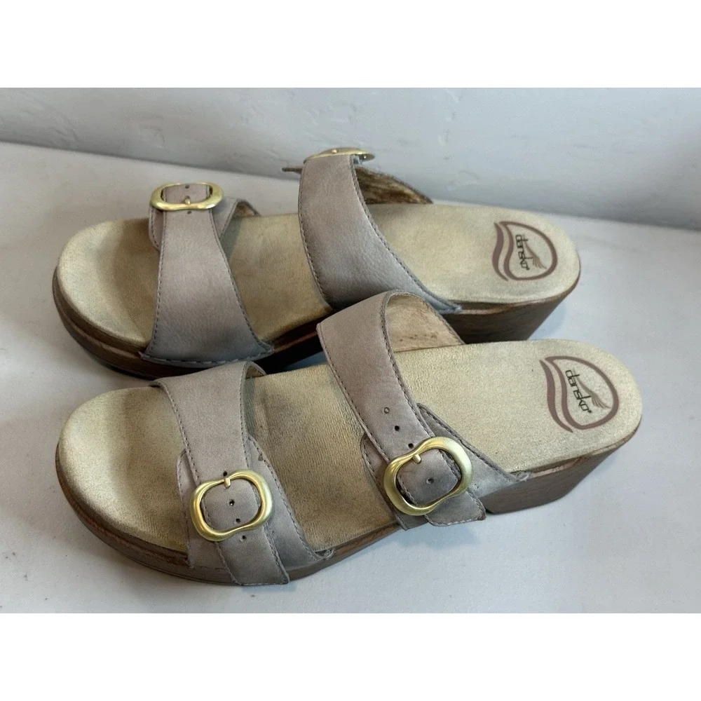 Dansko Sophie Taupe Leather Wedge Sandals US 9.5 10 2.25